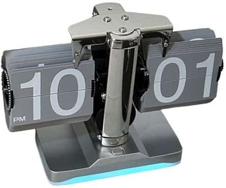 Aymzbd Flip Down Uhr Vintage Seitenumblätteruhr Automatische Mechanische Digital Flip Tischuhr mit Nachtlicht Aus Edelstahl Und PP für Büro Wohnzimmer Hotel, Silber und Grau