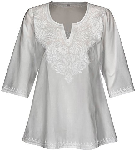 Maharanis Kurti Klassiker Tunika Bluse Reine Baumwolle weiß handbestickt L