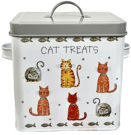 Traditional Pet Kitten Cat Treats Metal Container Storage Dry Food Box Tin Jar 21cm