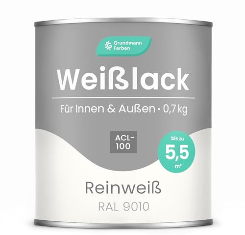 Grundmann Weisslack - 0,7 Kg - RAL 9010 Reinweiss - Seidenmatt - 4in1 Grundierung & Decklack - Premium Weißlack - Hohe Beständigkeit & Deckkraft - Holz, Metall, Kunststoff
