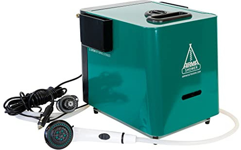 RAM ONLINE Outdoor shower, mobile shower, camping shower, heated to 25˚C via inlet temperature, strong water flow, 2.5 litres per minute, built-in safety functions, Green