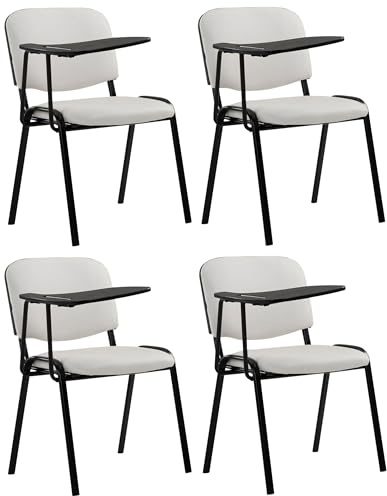 CLP Lot De 4 Chaises De Visiteur Ken Similicuir I Sièges avec Tablette Rabattable I Pieds en Métal, Couleur:Blanc
