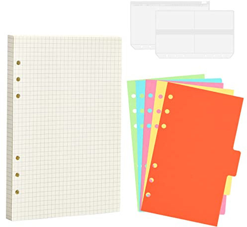 A5 Papier Nachfüllpapier Set, A5 Nachfüllbare Refill Paper 80 Blätter Linierte Nachfülleinlagen für 6 Ring Binder Notizbuch mit 5 Trennblätter, 2 Umschlägbeutel für Notizbuch, Tagbuch, Malerei (Set)