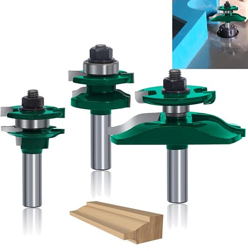MAYLINE 1/2 Inch Shank Router Bit Set 3PCS Door&Drawer Front Edging Router Bits Sets, Woodworking Milling Cutter Tongue Groove Rail Stile Cabinet Cutter Wood Miter Carbide CNC (Green)