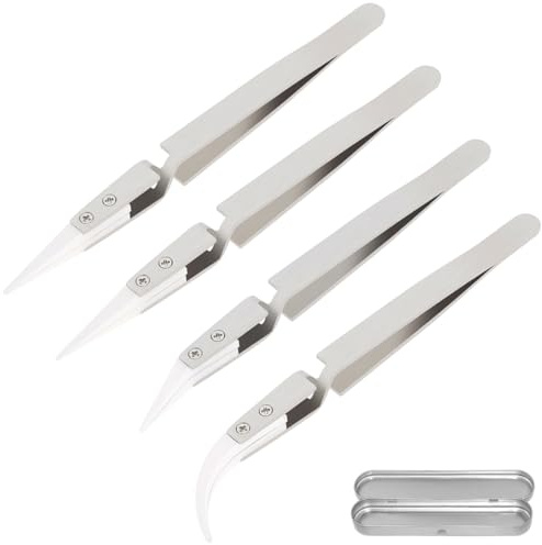 ZHUROUPU 4 Pinzas de precisión de Acero Inoxidable ESD no conductoras, Resistentes al Calor, antimagnéticas, Puntiagudas y curvadas para soldar, Pellizcar bobinas (Plata)