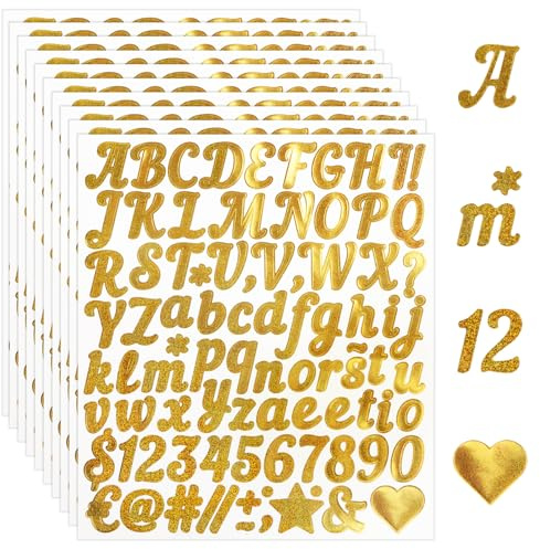Yooyan 10 Blätter Goldene Glänzende Selbstklebende Buchstaben Aufkleber, Wetterfeste Vinyl Sticker, DIY Klebebuchstaben für Hochzeit, Grußkarten, Briefkasten, Wunschtext Aufkleber, DIY Scrapbooking