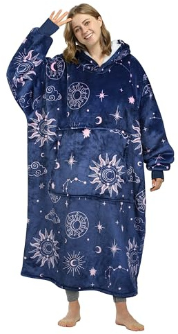 Kato Tirrinia Överdimensionerad huvtröja filt med ärmar – gosig tröja som gåvor för kvinnor män, mjuk fleece sherpa sweatshirt gosig filt, filt att klä på sig, vuxna, astrologi marin