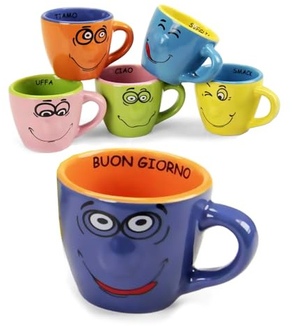 MA MAISON Set Tazzine per Caffè - Facce Divertenti, Ceramica, 80 ml, Resistente al Calore, Colori Assortiti, con Manico, Stile Fantasy