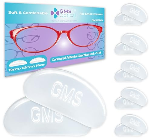GMS Optical Adhesive Silicone Nose Pads for Glasses | 1.8mm Reg-Thin, 13mm Small | Non Slip Glasses Grips for Sunglasses and Eyewear w/Super Sticky Backing for Kids & Small Frames (5 Pairs, Clear)