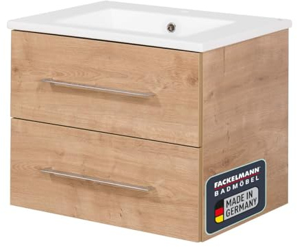 FACKELMANN B.PERFEKT Badmöbel Set 62 cm – Waschtischunterschrank und Keramikbecken in AST-Eiche Hellbraun, Made in Germany, für Moderne Bäder