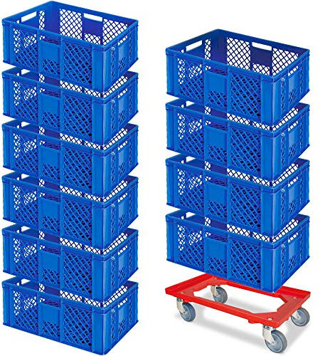 BRB Lot de 10 bacs Euro 600 x 400 x 240 mm (L x l x H) - Qualité industrielle - Bleu + 1 rouleau de transport - Rouge