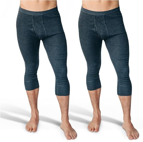 SES 3/4 långa kalsonger herr finribbad 2-pack S – 4XL – 100 % bomull med gylf och mjukt midjeband – bekväma kalsonger män, långa ben, vita, Ljunggrå, 3XL