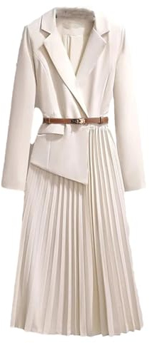 Vestido tipo blazer liso para mujer, manga larga, solapa con muescas, cinturón plisado, vestido midi, Crema-Blanco, XXXL