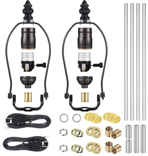 2 Sets Make-a-Lamp Kits - Table Repair or DIY Wiring Kits With 8'' Harp, 12'' Pipe, 3-Way Socket, 8 ft Cord, and All Hardware Parts for Creating DIY Antique Lamp Designs (Black)