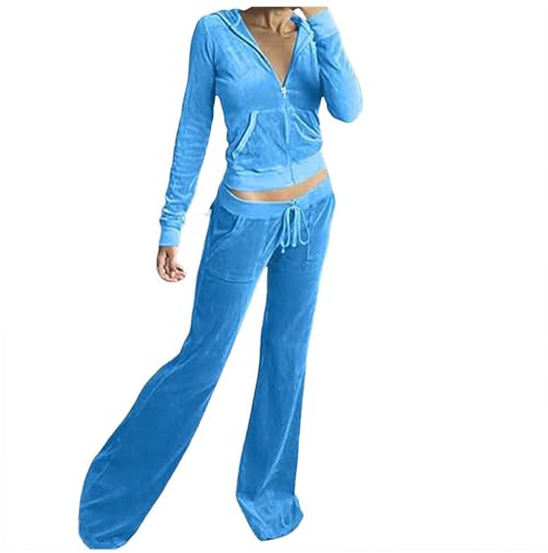 Womens Velour Tracksuits Set Sweatsuit Long Sleeve Zip Up Hoodie Top and Jogging Pants 2 Piece Sports Outfits Casual Loungewear Ladies Velvet Jogger Suit Sportswear for Ladies (Sky Blue, XL)