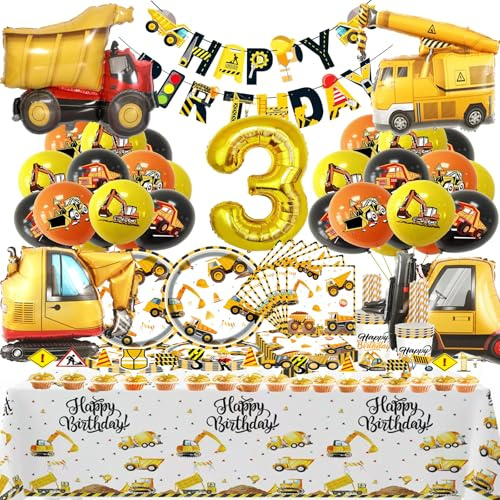 Bemoseng grävmaskin födelsedag dekoration 3, grävmaskin dekoration födelsedag 3, B-agger ballonger G-eg, byggarbetsplatser festservis G-eg party D-eko papperstallrik pappersmuggar ballonger (20