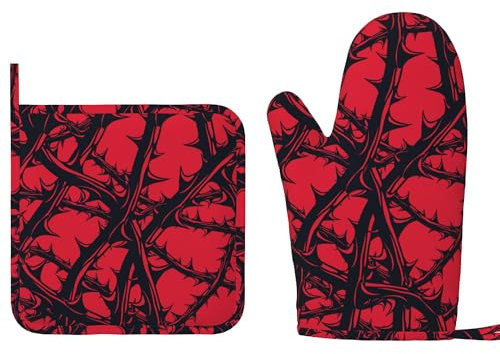 Ofenhandschuhe Rote Dornenzweige Abstrakte Drucke Grillhandschuhe Anti-Rutsch Kochhandschuhe Hitzeresistente Topfhandschuhe Für Backen Barbecue Kochen
