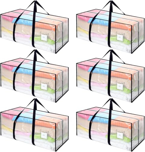 Dntorx 6 Pack 120L Moving Bags, Heavy Duty Moving Totes, Clear Waterproof Storage Bag with tag Window, Large Packing Bags with Zips for Clothes Storage Moving Travelling Camping Garden Tools