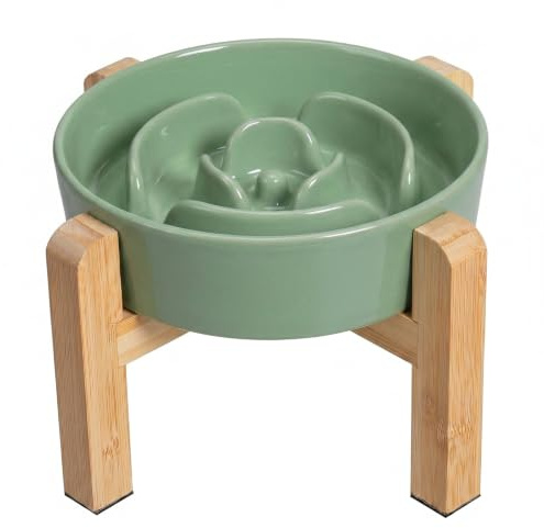 Elevated Slow Feeder Dog Bowl, 6.7 Ceramic Maze Dog Bowl with Stand | 1.5 Cups Slow Feeding Dog Dish for Fast Eaters, 5 Tall Anti-Slip Raised Slow Feeder for Small and Medium Breeds, Green