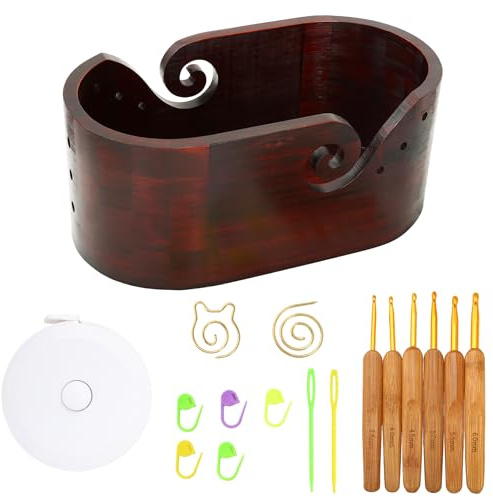 Yarn Bowl - Wooden Yarn Holder with 6PCS Smooth Crochet Bowl, Marking Buckle, Sewing Needle, Gold Spiral Weaving Tool, Small Measuring Tape, Crochet Bowls for yarns,Wooden Storage Bowls for Crocheters