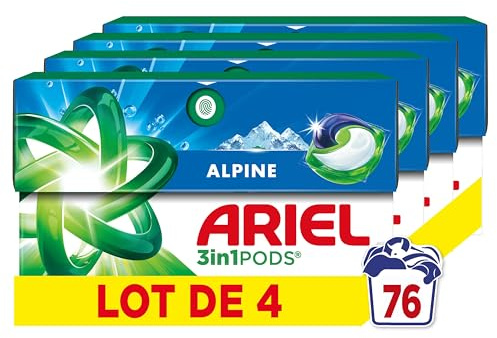 Ariel 3en1 PODS, Lessive Liquide En Capsules, 76 Lavages (4 x 19 Lavages), Alpine, Élimination Impeccable Des Taches En Un Seul Lavage, Dissolution Rapide Même À Froid