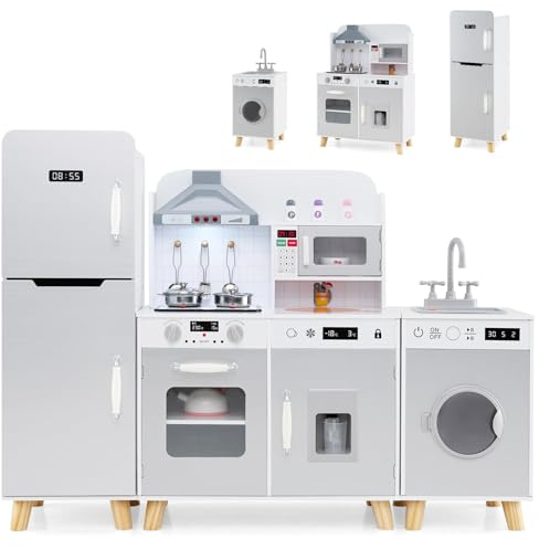 GOPLUS Cuisine en Bois Enfant, Jouet de Cuisine d'angle avec Effect Sonore et Lumières, Réfrigérateur, Machine à Laver, Hotte, Micro-Ondes, Rangement, Cuisine Modulaire de Jeu pour 3+ Ans (Gris)