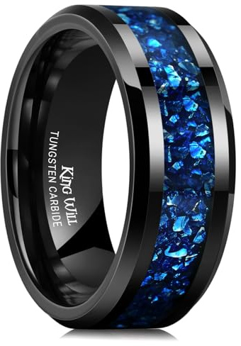 King Will Fede nuziale da uomo in carburo di tungsteno, 6 mm, 8 mm, nero/argento, con intarsi a frammenti, bordo smussato, Q 1/2(58.25mm), Carburo di tungsteno, Nessuna pietra preziosa