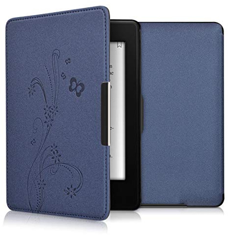 kwmobile Schutzhülle für Amazon Kindle Paperwhite Hülle - eReader Flip Case mit Auto Sleep Funktion - Ranken Schmetterling mit Dunkelblau