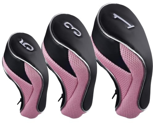 Andux Golfschlägerhauben mit Reißverschluss, 460 cc, Fairwayholz, 3 Stück, Rosa