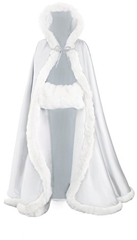 BEAUTELICATE Wedding Cape Hooded Cloak for Bride Winter Reversible with Fur Trim Free Hand Muff Length 55 White