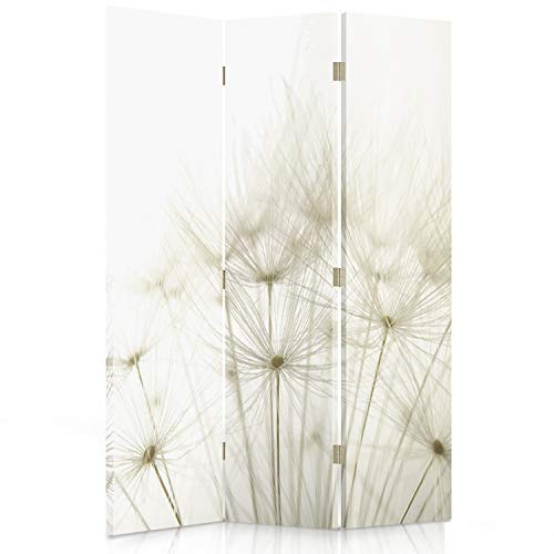 Feeby - Paravent mit Löwenzahn - 110x180cm, beidseitiger Trennwand Raumteiler, perfekt als Foto Paravent, Spanische Stil Sichtschutz - standfest, 3-teilig - Leinwand Bedruckt Weiß