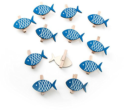 Logbuch-Verlag set 12 molletta decorativa forma di pesce ancora azzurro blu bianco legno decorazione marittima bagno festa tavolo