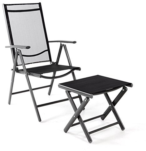 Nexos Trading Klappstuhl Gartenstuhl Campingstuhl Liegestuhl mit Hocker – Rahmen anthrazit – Sitzmöbel Garten Terrasse Balkon – klappbarer Stuhl aus Aluminium & Kunststoff - schwarz