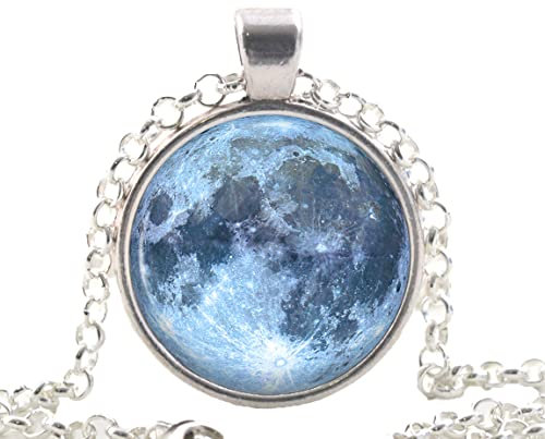 Silver Full Moon Necklace, Glass Photo Pendant, Unique Blue Outer Space Jewellery Gift for Her