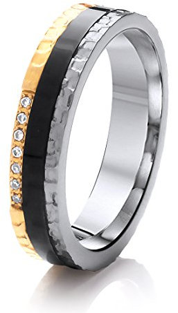 Theia Damenring Für Sie & Ihn Titan & Carbonfaser Tricolor mit Hammerschlag Design, CZ, 5mm - Größe 56 (17.8)
