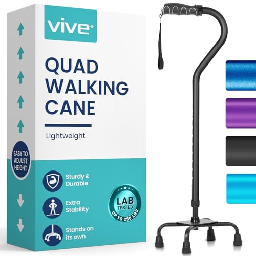 Vive Bastón cuádruple – Bastón para hombres y mujeres – Personal ligero ajustable – Cómodo agarre de mano derecha e izquierda para apoyo de estabilidad – Ayuda de viaje de aluminio resistente de