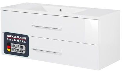 FACKELMANN B.Clever Waschtischunterschrank mit Gussbecken, Korpus Weiß matt, Front Weiß Hochglanz, gedämpfte Schublade – Modernes Design für Ihr Badezimmer