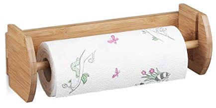Relaxdays Bamboo Wall Paper Towel Holder, Size: 12 x 37 x 13 cm Wooden Paper Towel Dispenser for Holding Paper Towels and Toilet Paper, Kitchen Accessory Wood, Natural Brown