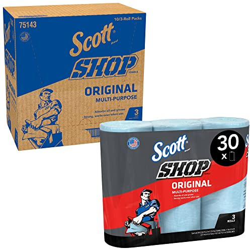 Paños Scott Shop Towels Original 75143 - Papel industrial azul de alta resistencia - 10 paquetes de 3 rollos azules x 55 toallas desechables (1650 toallas de papel en total)