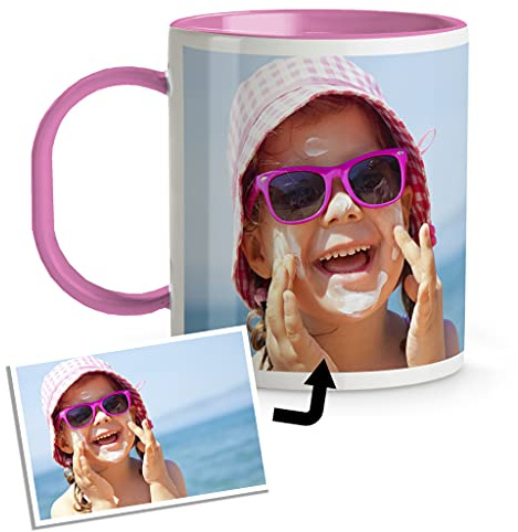 Personalisierte Plastiktasse. Kinderbecher mit Foto. Personalisierte BPA- und Bisphenol-A-freie Tasse. INNENSEITE UND HENKEL ROSA