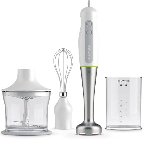 Kenwood Triblade System Stabmixer, Mixer mit Spritzschutz, 0,5 l BPA-freier Kunststoffbecher, 0,5 l Zerkleinerer, Edelstahl-Schneebesen, 600 W, HDP109WG, Farbe Silber