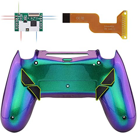 eXtremeRate Konfiguriert Dawn Remap Kit für ps4 Controller, DIY-Ersatz Hülle Rücken Gehäuse Case&Upgrade-Board& 4 Back Paddles Buttons Set für ps4 JDM-040/050/055(Grün Lila)