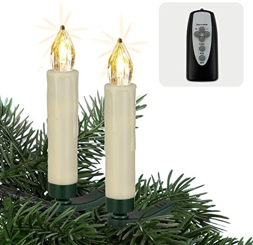 Hellum 524796 - Candele per albero di Natale, senza fili, 12x candele a LED con telecomando + timer, funzionamento a batteria, 10x1,5 cm, senza cavo, dimmerabili con modalità tremolante, gocce di cera
