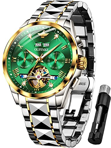OUPINKE Herrenuhr Automatik Mechanische Armbanduhr mit Mondphase Wasserdicht Luminous Tag Datum Zweifarbige Edelstahlarmband