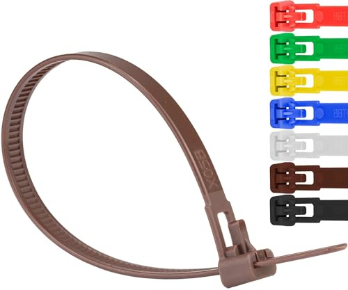 Safetytex Kabelbinder 7,6 mm UV-beständig 100 Stück (Braun,200mm) | Wiederlösbar, wiederverwendbar, wiederverschließbar, robust, langlebig, flexibel, für Innen- und Außenbereich