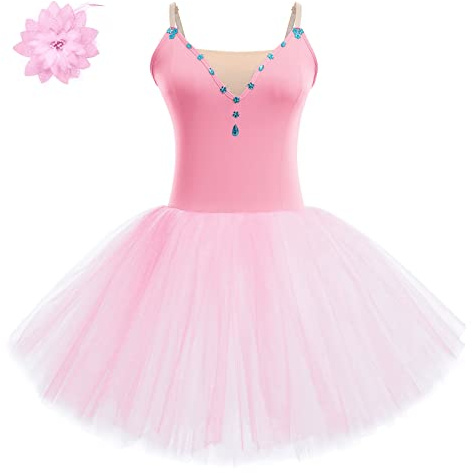 Ballettkleidung Damen Ärmellose Spaghettiträger Ballett Trikot Tanzbody Turnanzug Tütü Tüllrock Ballettkleid Tanzkleid Gymnastikanzug Ballettanzug Balettkleider Ballerina Kleider+Haarspange Rosa L