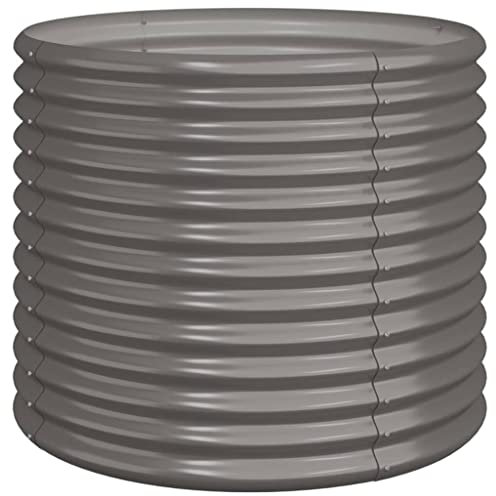 vidaXL Powder-coated Steel Garden Planter - Large Capacity Grey Round Pot for Outdoor Garden, Patio, Balcony - Weather Resistant Flower Bed