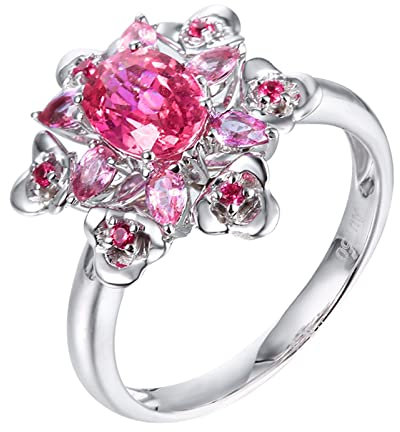 KnSam Weißgold 750 18 Karat Freundschaftsringe Frauen, Rosa Saphir Hochzeitsring 1.66ct Blumen 750 Weißgold Diamantring mit Diamant Echtschmuck, Gr.53 (16.9)