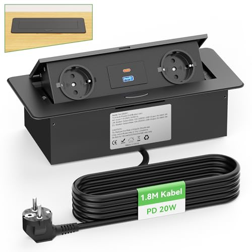 Versenkbare Steckdosen mit USB C PD20W, Aluminium Einbausteckdose Versenkbar 2 Fach, Tischplatte Versenkbare Steckdose für Arbeitsplatte Küche Büro 2500W/10A, 1.8M Kabel, Schwarz