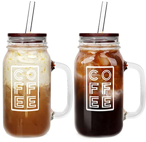 ANOTION Mason Jar Iced Coffee Cup with Handle, 24oz Regular Mouth Mason Jars with Lid and Straw Glass Coffee Drinking Glasses Tumbler Reusable Boba Cups Bottles for Travel Office Home, White